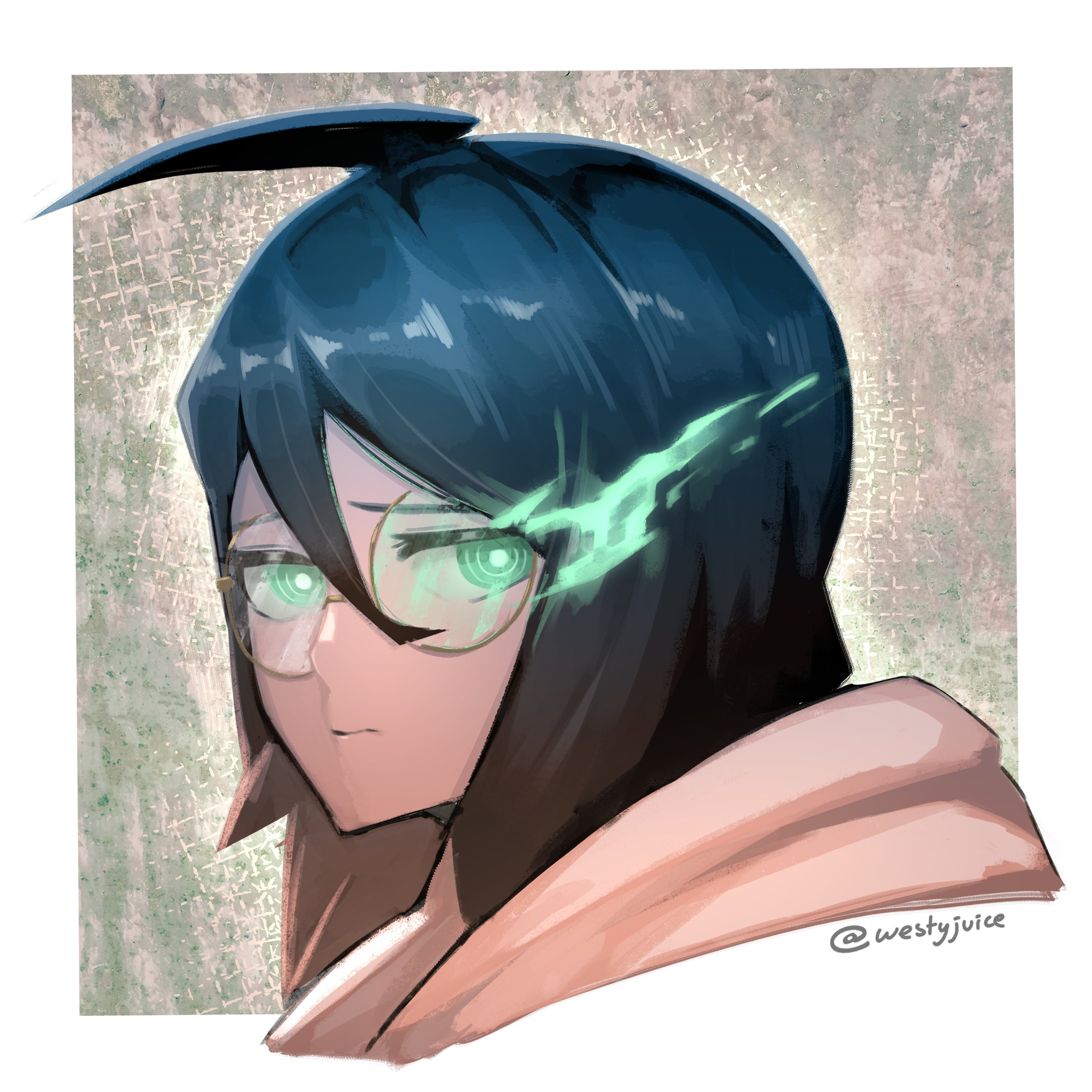 joe westbrook, original, absurdres, commentary, english commentary, highres, 1girl, ahoge, alice (joe westbrook), black hair, flaming eye, glasses, green eyes, hair between eyes, portrait, raised inner eyebrows, ringed eyes, round eyewear, signature, solo, twitter username