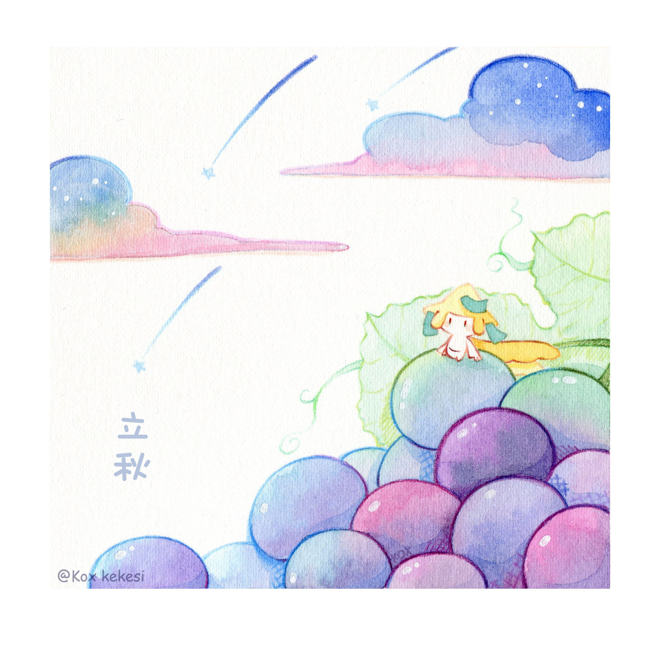kox hsl, jirachi, nintendo, pokemon, commentary request, highres, translation request, border, cloud, food, fruit, gen 3 pokemon, grapes, leaf, legendary pokemon, mythical pokemon, no humans, plant, pokemon (creature), shooting star, sitting, solo, tanzaku, twitter username, vines, white background, white border