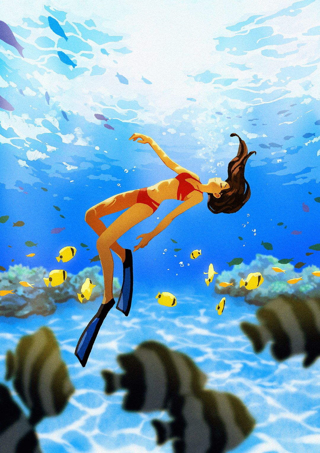 monaka (siromona), original, commentary request, commission, highres, pixiv commission, 1girl, air bubble, bikini, black hair, bubble, caustics, closed eyes, closed mouth, flippers, floating hair, full body, long hair, navel, ocean, red bikini, school of fish, seafloor, solo, stomach, swimsuit, underwater