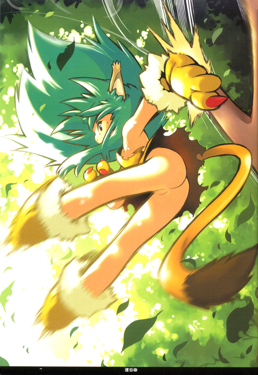 cham cham, samurai spirits, snk, artist request, highres, scan, 1girl, animal ears, animal hands, ass, bare shoulders, bottomless, claws, female focus, gloves, green hair, loli, motion blur, no pussy, paw gloves, solo, tail
