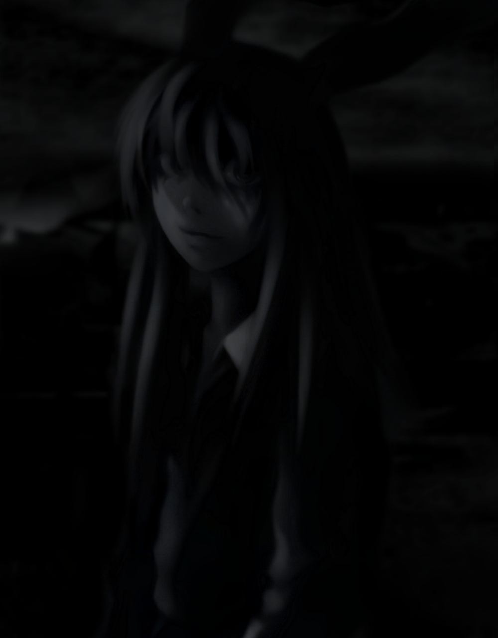 futon (kitsune tsuki), kitsune tsuki, reisen udongein inaba, touhou, highres, 1girl, animal ears, dark, female focus, greyscale, long hair, monochrome, rabbit ears, solo