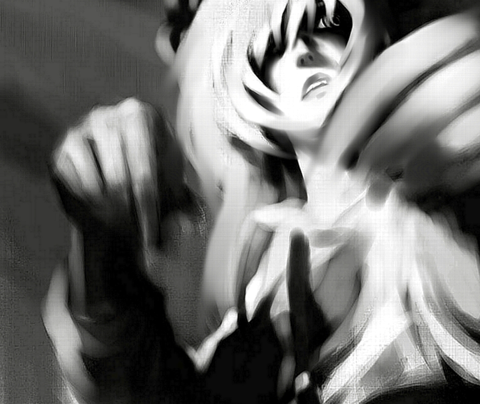 futon (kitsune tsuki), kitsune tsuki, fujiwara no mokou, touhou, 1girl, crazy eyes, evil smile, female focus, from below, greyscale, looking at viewer, looking down, monochrome, shaded face, smile, solo, upper body