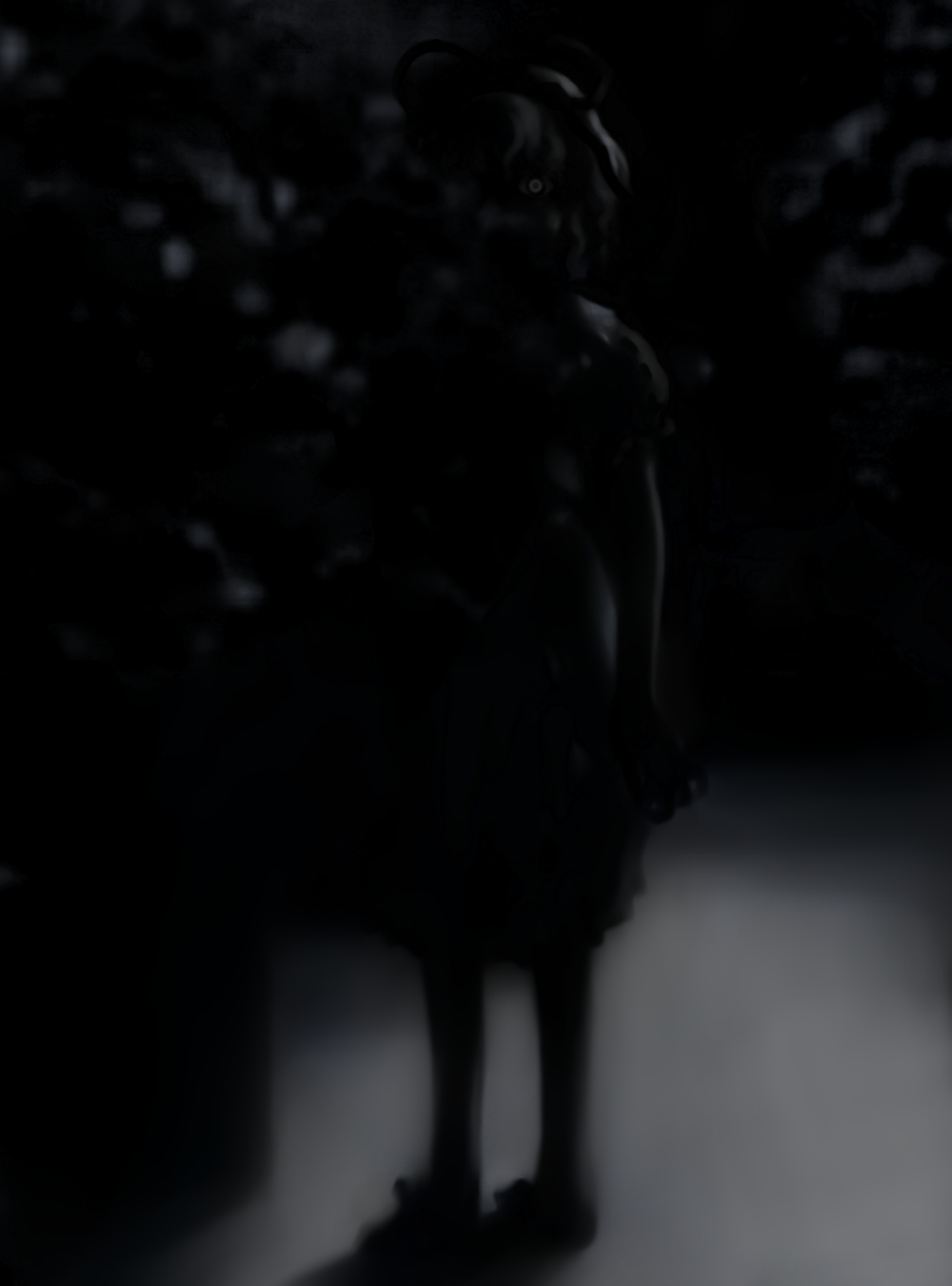 futon (kitsune tsuki), kitsune tsuki, medicine melancholy, touhou, highres, 1girl, black eyes, creepy, dark, female focus, greyscale, horror (theme), monochrome, night, solo
