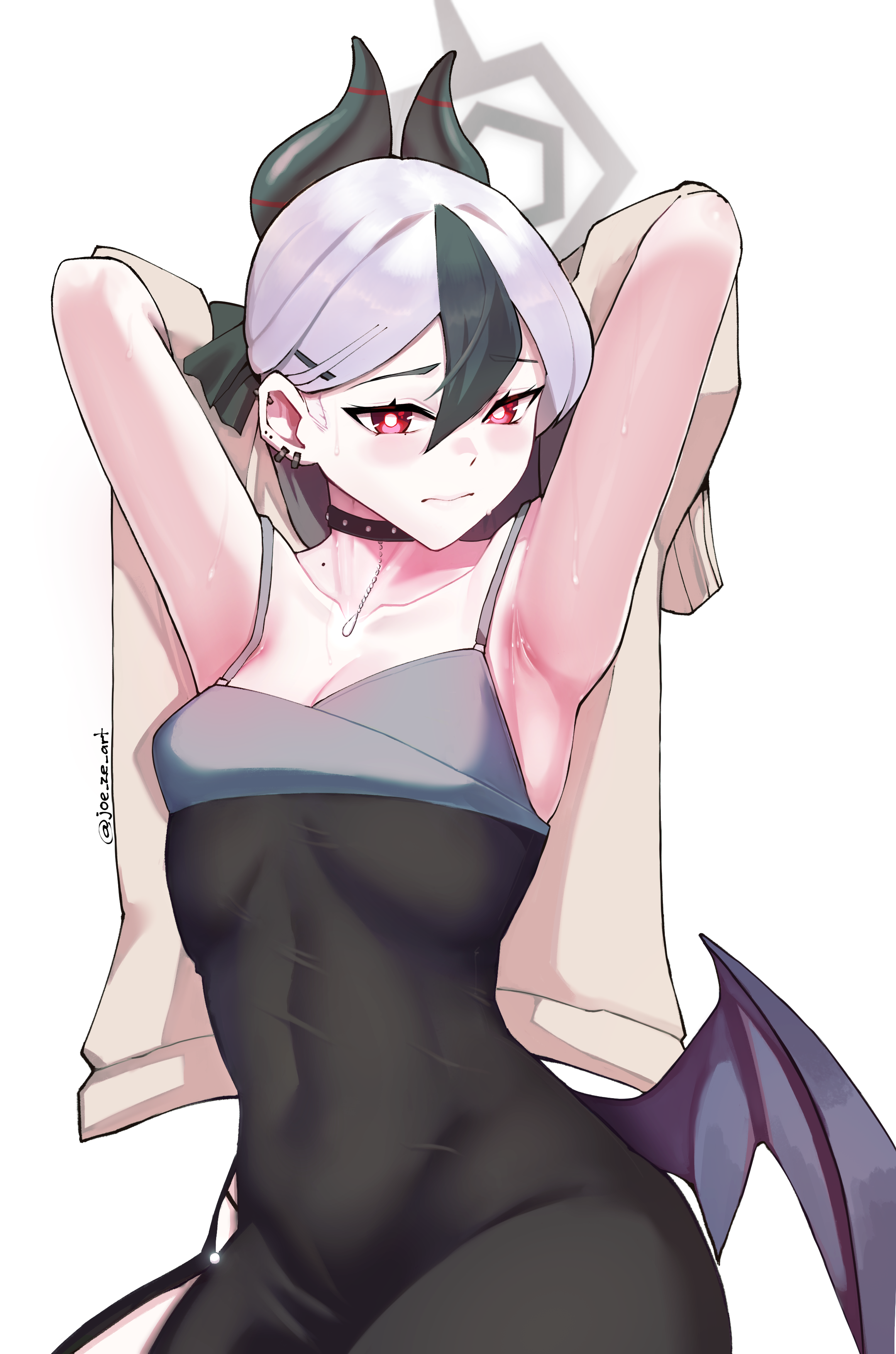 joe westbrook, kayoko (blue archive), kayoko (dress) (blue archive), blue archive, absurdres, clip studio paint (medium), commentary, english commentary, highres, 1girl, armpits, black choker, black dress, black hair, black horns, breasts, choker, cleavage, collarbone, covered navel, dress, ear piercing, earrings, hair between eyes, hair intakes, hair ornament, hairpin, horns, jewelry, low wings, multicolored hair, piercing, red eyes, side slit, small breasts, solo, sweat, thick thighs, thighs, twitter username, two-tone hair, upper body, white hair, wings