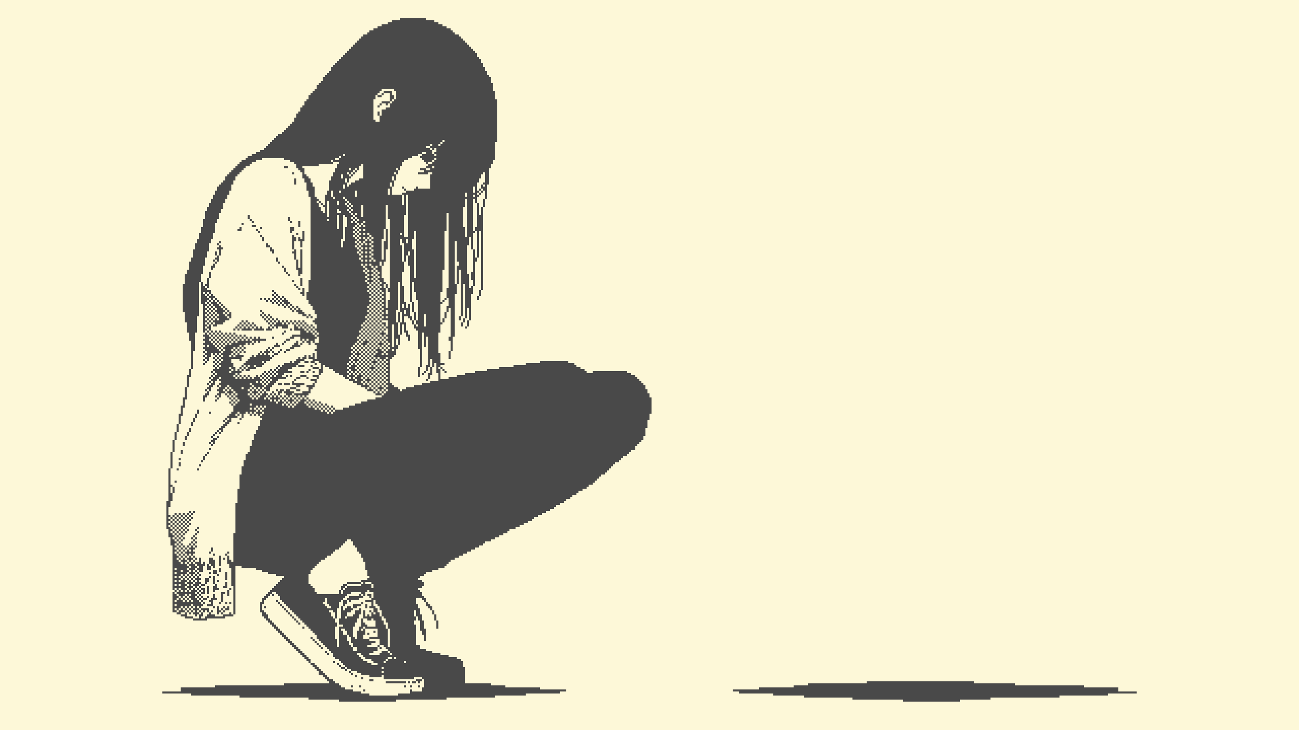 lvl374, original, highres, 1girl, black hair, black pants, coat, empty eyes, hug from side, long hair, looking down, monochrome, open clothes, open coat, pants, pixel art, sad, shadow, shoes, simple background, sneakers, solo, squatting