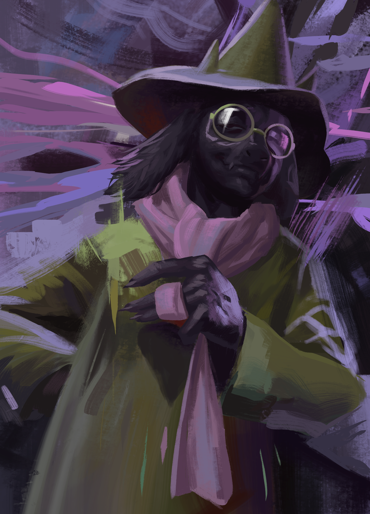 angusburgers, ralsei, ralsei (hat), deltarune, disco elysium, utdr (toby fox), highres, 1boy, black fur, glasses, goat boy, hat, male focus, purple scarf, round eyewear, scarf, solo, upper body, wizard, wizard hat