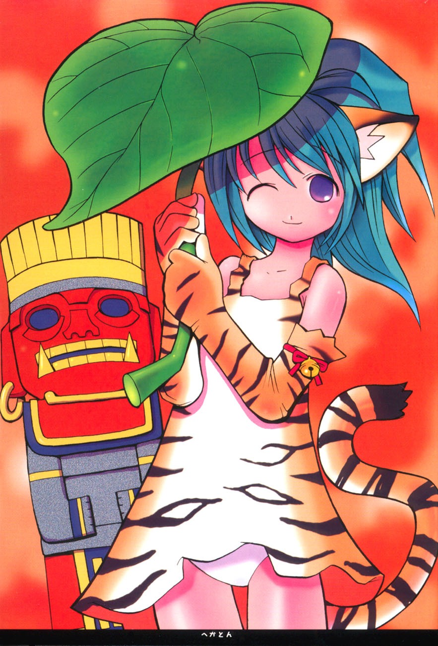 highres, 1girl, animal print, bare shoulders, bell, blue hair, detached sleeves, dress, earrings, female focus, flat chest, jewelry, korobokkur, leaf, leaf umbrella, one eye closed, panties, solo, tail, tiger print, umbrella, underwear, white panties, wink
