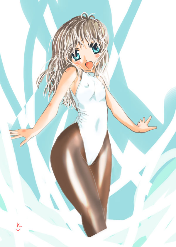 kiyojirou, original, 1girl, blonde hair, blue eyes, covered erect nipples, female focus, flat chest, leotard, long hair, pantyhose, solo