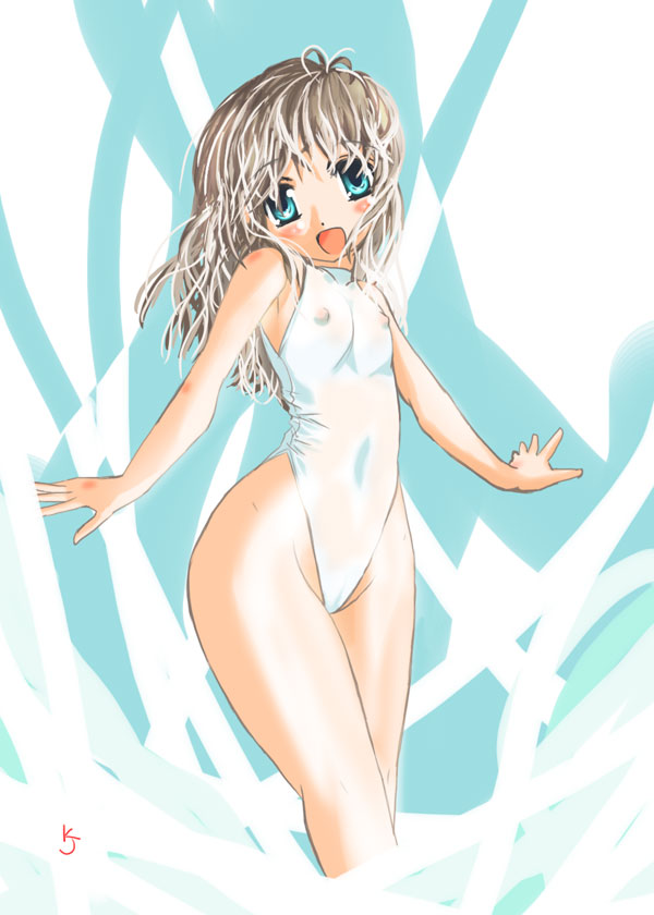 kiyojirou, blonde hair, blue eyes, covered erect nipples, flat chest, leotard, long hair, solo