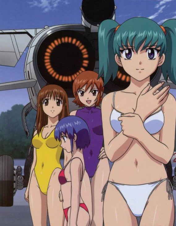 doi shizuha, honjo mikaze, kikuhara karin, nakamura ayamo, tsr-2, stratos 4, jet, 00s, 4girls, aircraft, airplane, aqua hair, attack aircraft, bikini, blonde hair, blue eyes, blue hair, breasts, brown eyes, brown hair, cleavage, day, green hair, hand on own hip, happy, hip focus, long hair, midriff, multiple girls, navel, one-piece swimsuit, open mouth, orange hair, penetrator (aircraft), prototype design, reconnaissance aircraft, red eyes, short hair, side-tie bikini bottom, sideboob, sky, small breasts, smile, swimsuit, twintails, white bikini
