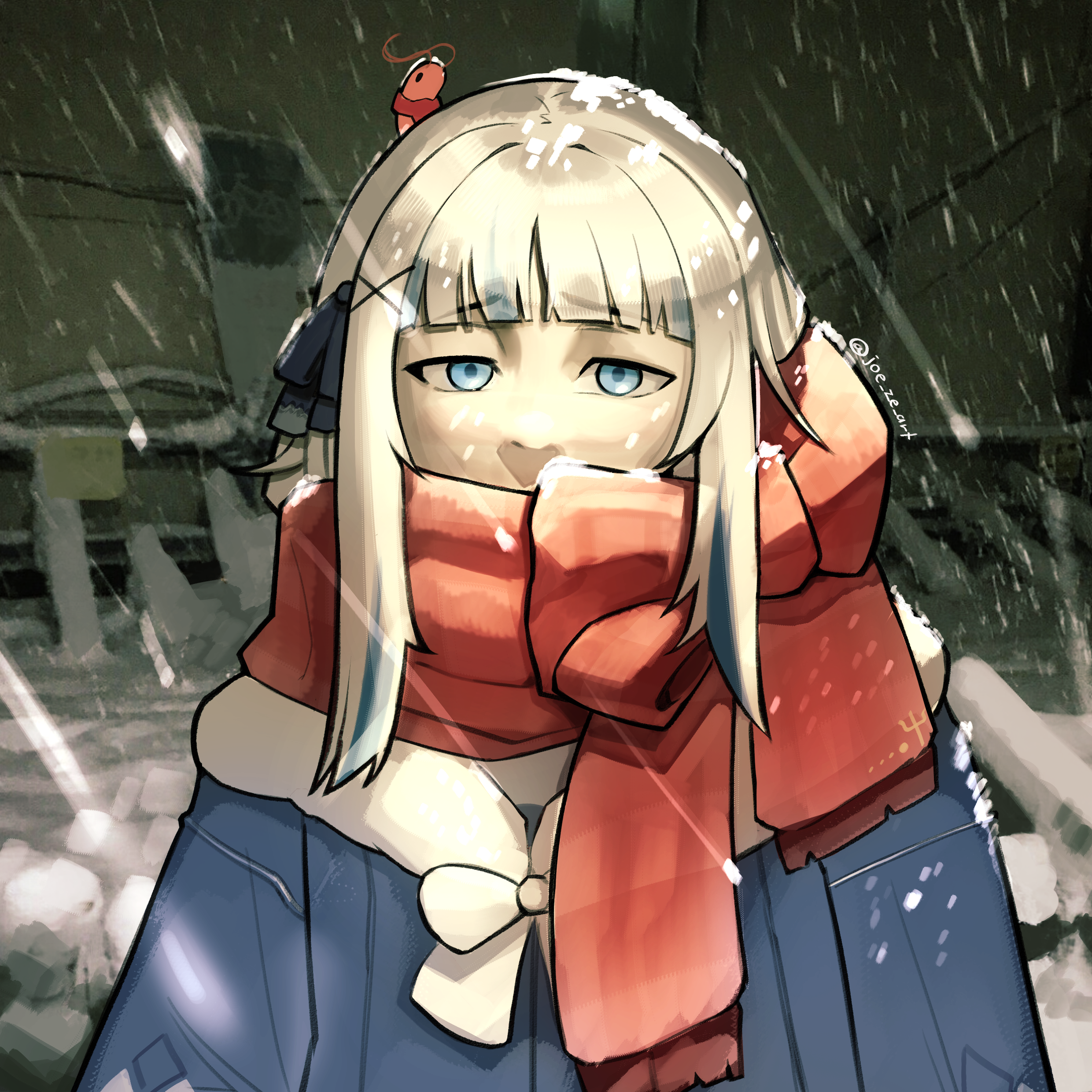 joe westbrook, gawr gura, hololive, absurdres, commentary, highres, 1girl, blue coat, blue eyes, blue hair, blunt bangs, coat, husbant (meme), meme, multicolored hair, red scarf, scarf, snow, snowing, solo, streaked hair, two-tone hair, upper body, virtual youtuber, white hair, winter clothes, winter coat