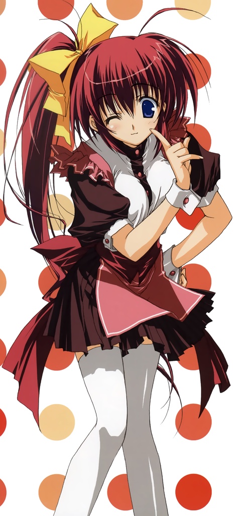 mitsumi misato, takase mizuki, comic party, non-web source, 00s, 1girl, blue eyes, bow, female focus, long hair, one eye closed, ponytail, red hair, side ponytail, solo, thighhighs, waitress, wink, yellow bow