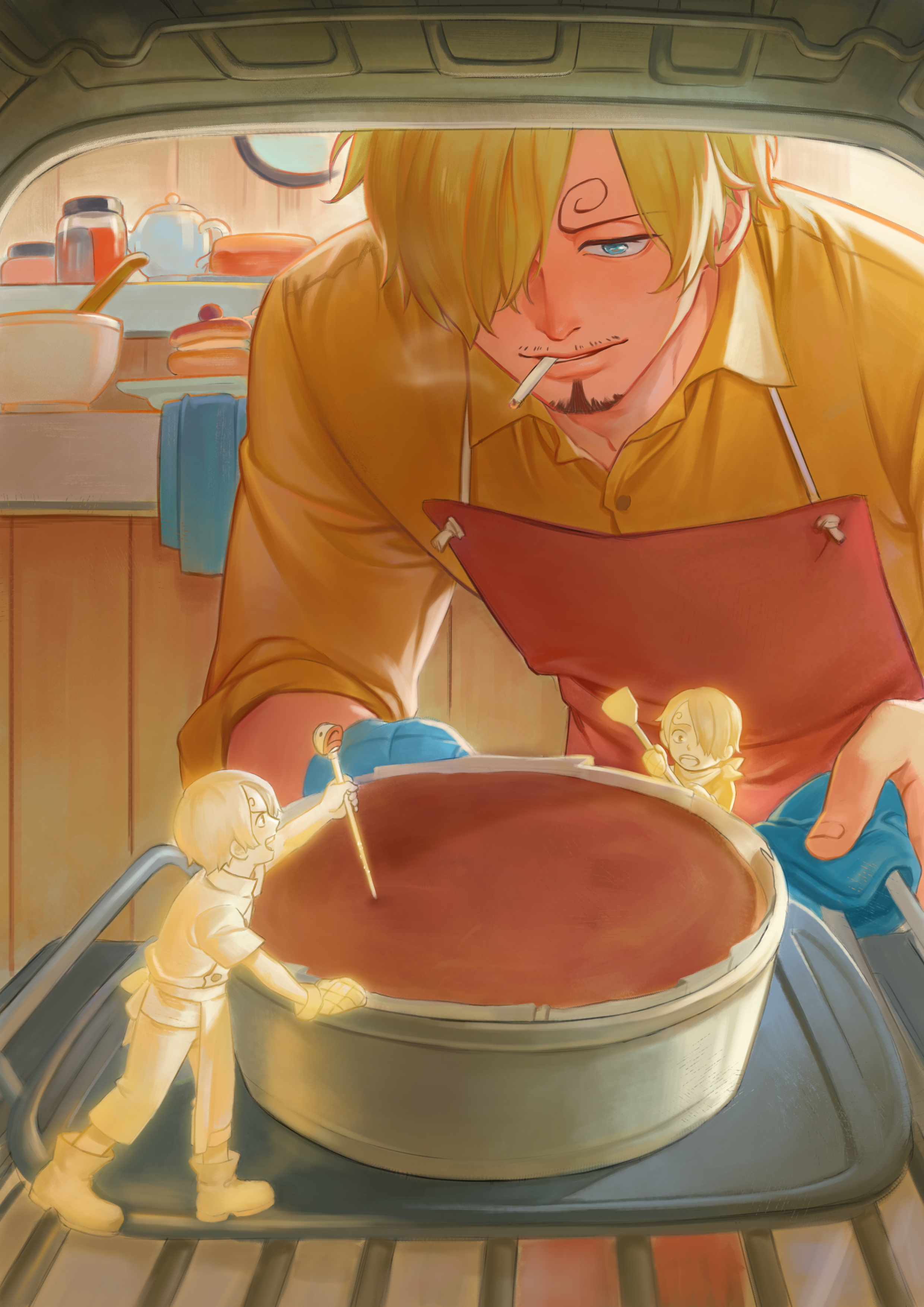jennyandloiryan, sanji (one piece), one piece, absurdres, commentary, english commentary, highres, 3boys, apron, blonde hair, blue eyes, clone, collared shirt, curly eyebrows, facial hair, goatee, goatee stubble, holding, indoors, jar, kitchen, male focus, mini person, miniboy, multiple boys, multiple persona, mustache stubble, oven, oven interior, oven mitts, red apron, shirt, short hair, smoke, smoking, stubble, teapot, yellow shirt