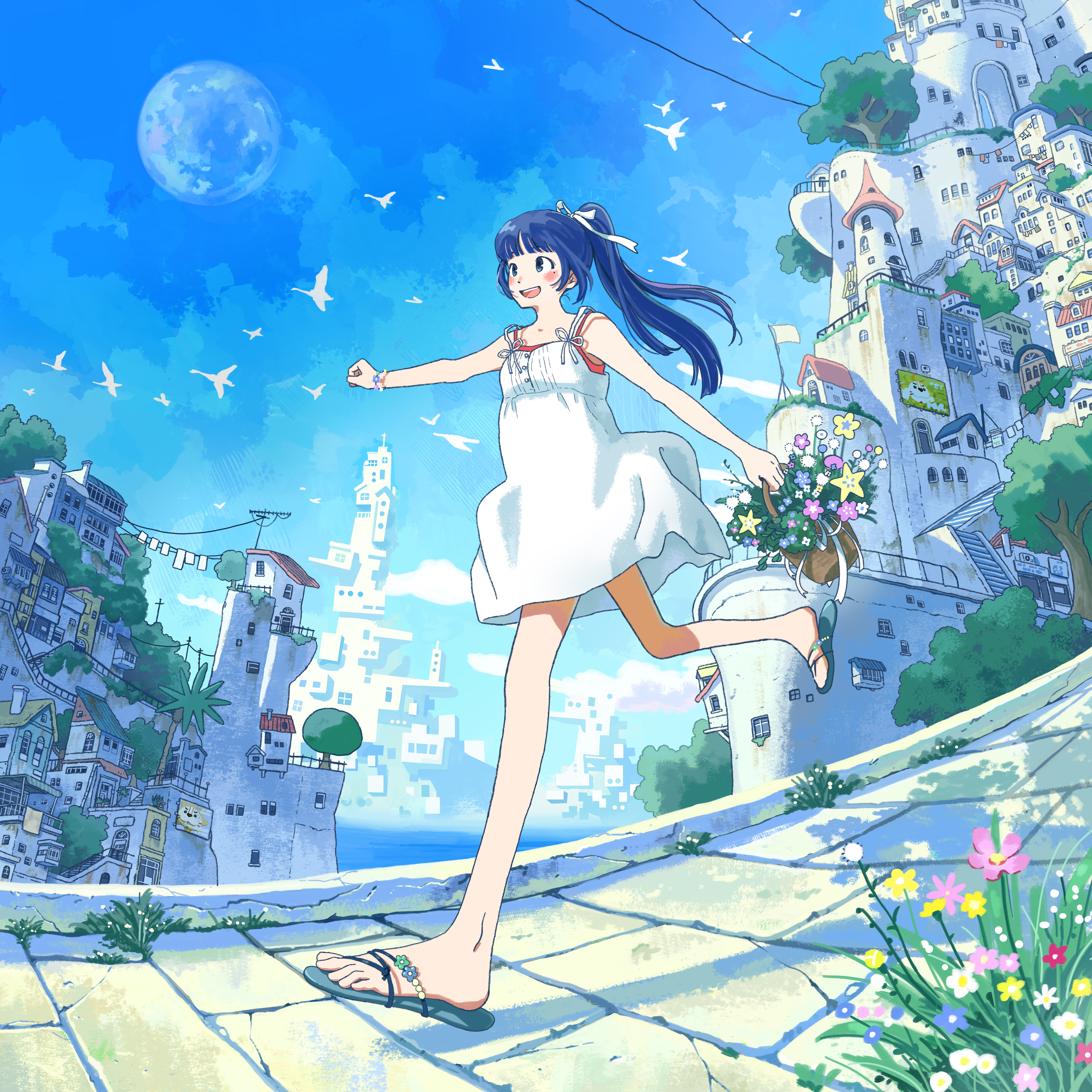 fuji aoi, aoi ch., absurdres, commentary request, highres, 1girl, blue hair, blue sky, blush, building, cityscape, day, dress, feet, flower, full body, full moon, hair ribbon, happy, holding, holding plant, long hair, moon, open mouth, outdoors, outstretched arm, path, plant, ponytail, potted plant, ribbon, road, running, sandals, scenery, short dress, simple bird, sky, sleeveless, sleeveless dress, smile, solo, star (symbol), summer, toes, virtual youtuber, white dress, white ribbon, yomunashi