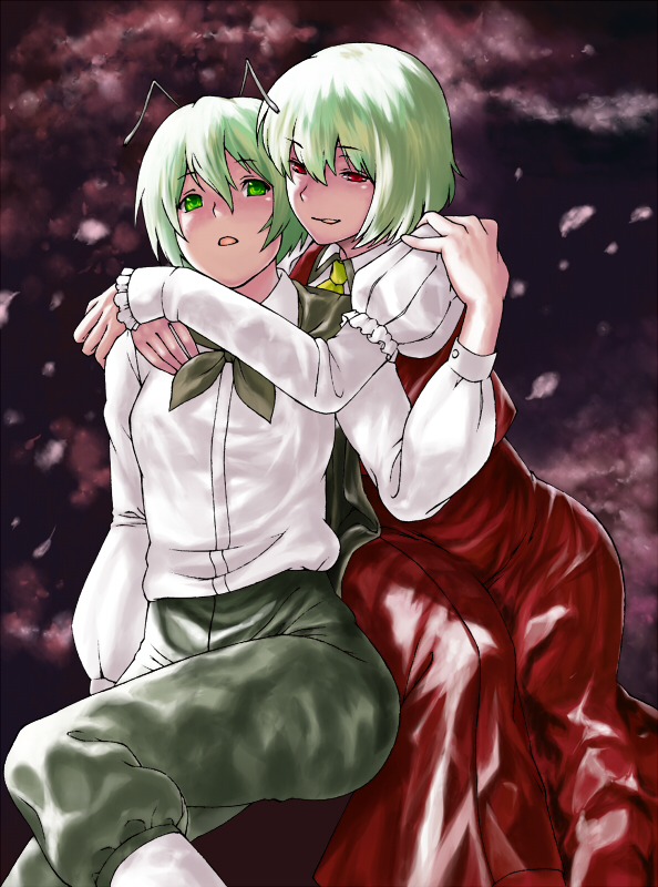 inuzuka bouru, kazami yuuka, wriggle nightbug, touhou, bad id, bad pixiv id, 2girls, androgynous, antennae, female focus, green eyes, green hair, hug, multiple girls, red eyes, reverse trap, ribbon, short hair, yuri