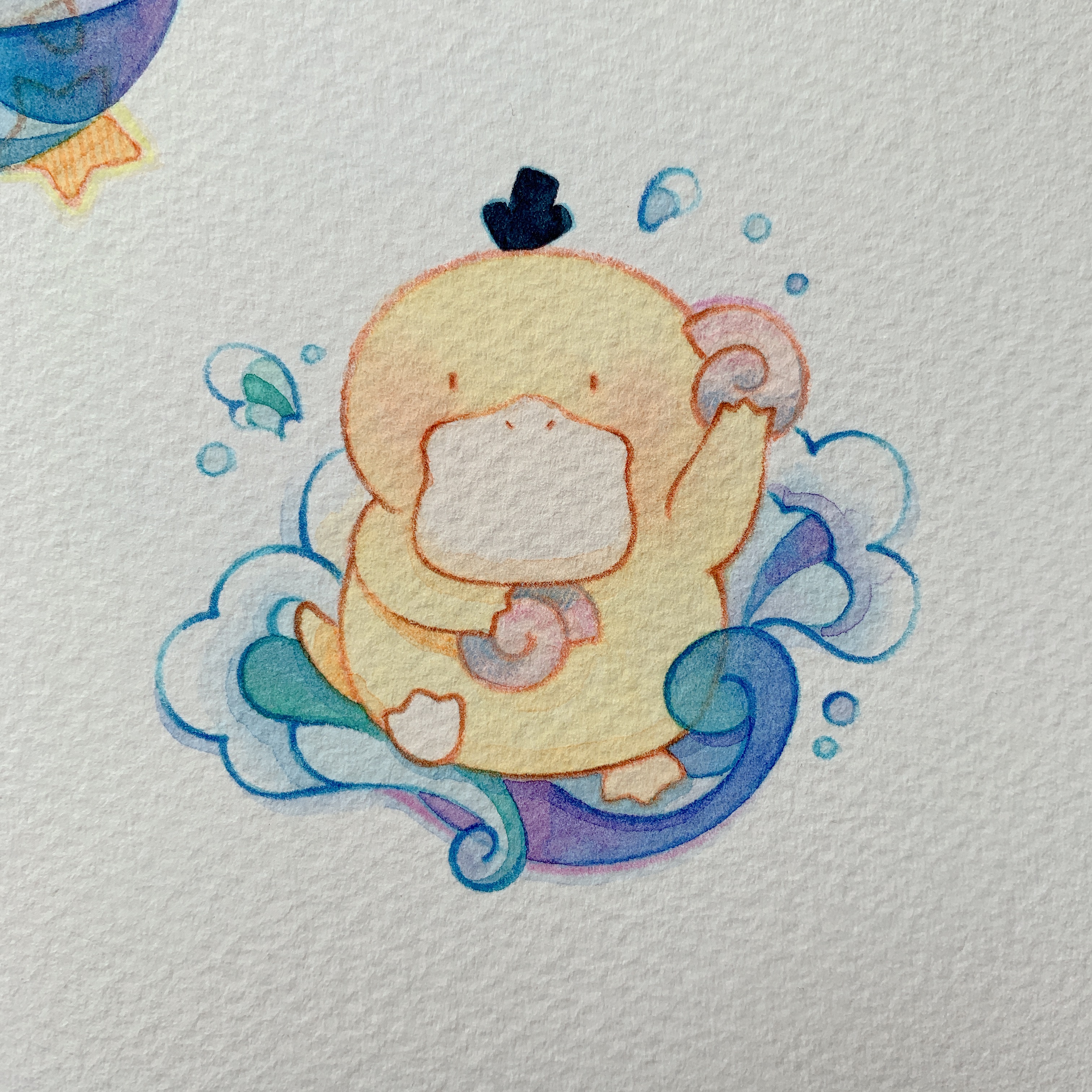 kox hsl, psyduck, nintendo, pokemon, absurdres, commentary, highres, painting (medium), photo (medium), traditional media, watercolor (medium), animal focus, full body, gen 1 pokemon, no humans, paper texture, pokemon (creature), shell, shell to ear, simple background, solo, water drop, waves