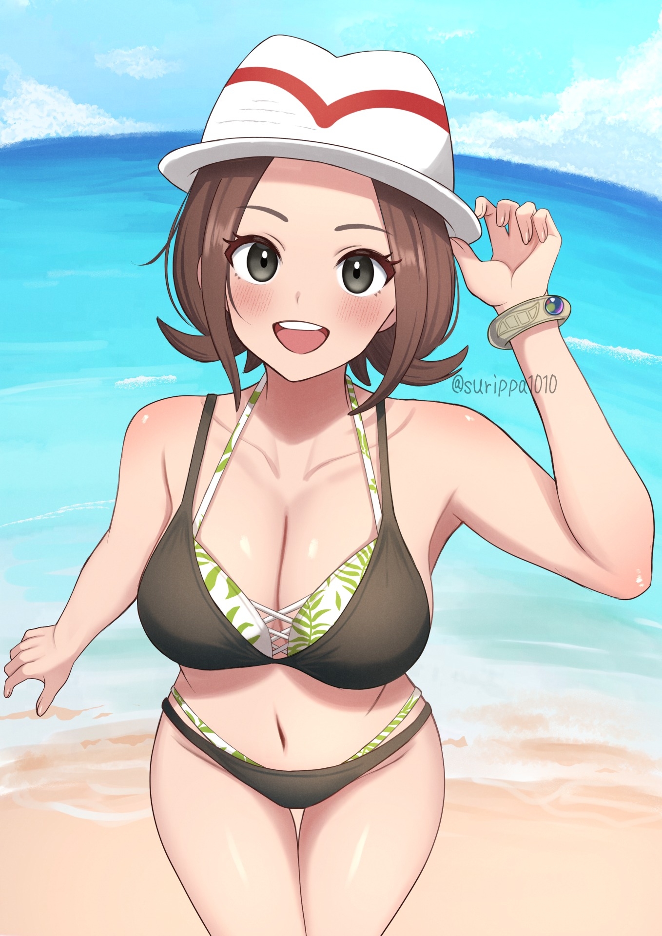 surippa1010, harmony (pokemon), nintendo, pokemon, pokemon legends: z-a, highres, 1girl, beach, bikini, black bikini, blue sky, bracelet, breasts, brown hair, cleavage, collarbone, day, grey eyes, hat, jewelry, large breasts, layered bikini, looking at viewer, navel, outdoors, sky, solo, swimsuit, white hat