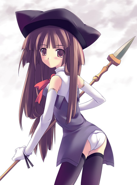 shiranagi masa, 1girl, elbow gloves, female focus, gloves, hat, panties, polearm, solo, spear, thighhighs, underwear, weapon