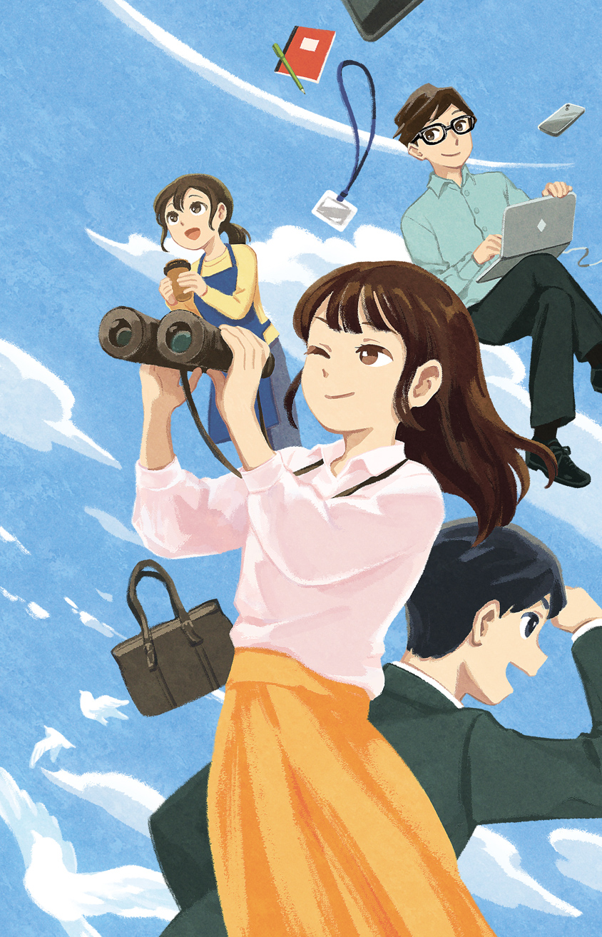 monaka (siromona), original, commentary request, highres, official art, 2boys, 2girls, apron, binoculars, black-framed eyewear, black hair, black shoes, blue apron, blue sky, brown hair, cellphone, closed mouth, cloud, collared shirt, computer, crossed legs, cup, disposable coffee cup, disposable cup, dress shoes, floating, floating object, glasses, grey shirt, holding, holding binoculars, holding cup, lanyard, laptop, long hair, long sleeves, multiple boys, multiple girls, notebook, one eye closed, open mouth, phone, ponytail, shirt, shirt tucked in, shoes, skirt, sky, smartphone, smile, very long hair, white shirt, wing collar, yellow shirt, yellow skirt