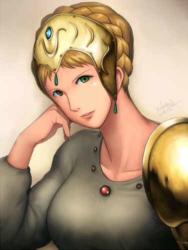 kuro (pixiv122395), xxkuroxx, kushana, kaze no tani no nausicaa, studio ghibli, 1980s (style), bad id, bad pixiv id, lowres, blonde hair, green eyes, oldschool, retro artstyle, short hair, solo