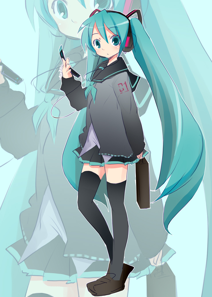 kishiri toworu, miyao ryuu, hatsune miku, vocaloid, bad id, 1girl, aqua eyes, aqua hair, briefcase, cellphone, female focus, headphones, long hair, phone, skirt, solo, thighhighs, twintails, very long hair, zettai ryouiki