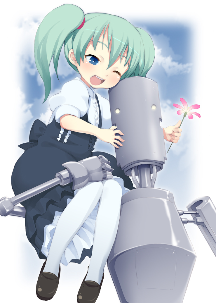 kishiri toworu, miyao ryuu, hatsune miku, vocaloid, voice (vocaloid), bad id, bad pixiv id, 1girl, aged down, blue eyes, carrying, child, cloud, dress, flower, green hair, one eye closed, open mouth, pantyhose, robot, sitting, sitting on shoulder, sky, twintails, white pantyhose, wink