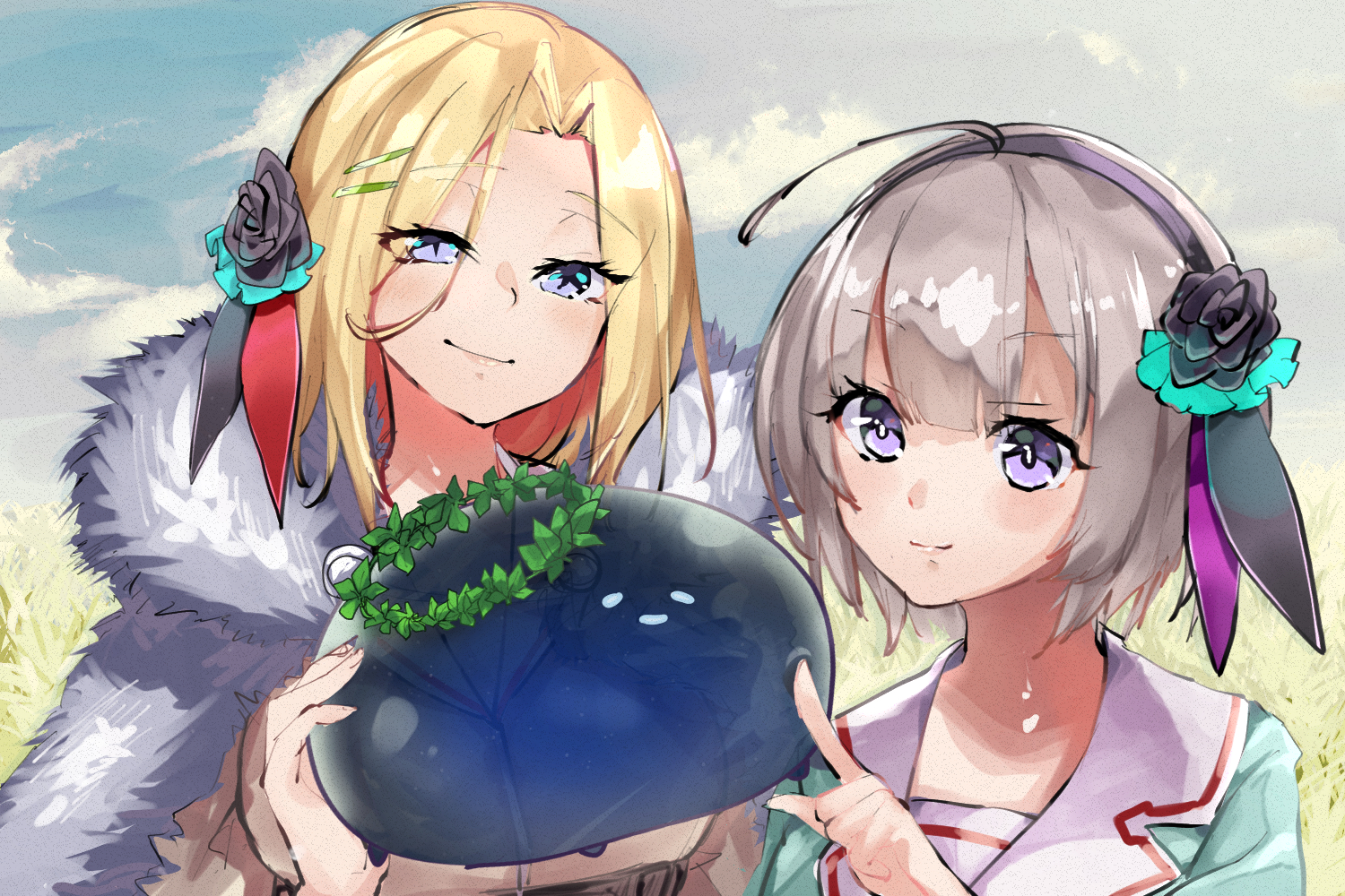 minase ichigo, minase sumomo, heaven burns red, artist request, 2girls, ahoge, black flower, black rose, blonde hair, blue eyes, cape, day, eyes visible through hair, flower, fur-trimmed cape, fur cape, fur trim, grass, grey hair, hair flower, hair ornament, hairband, hairclip, looking at viewer, multiple girls, narby (heaven burns red), outdoors, pointing, purple eyes, rose, short hair, sky, slime (creature), smile, upper body
