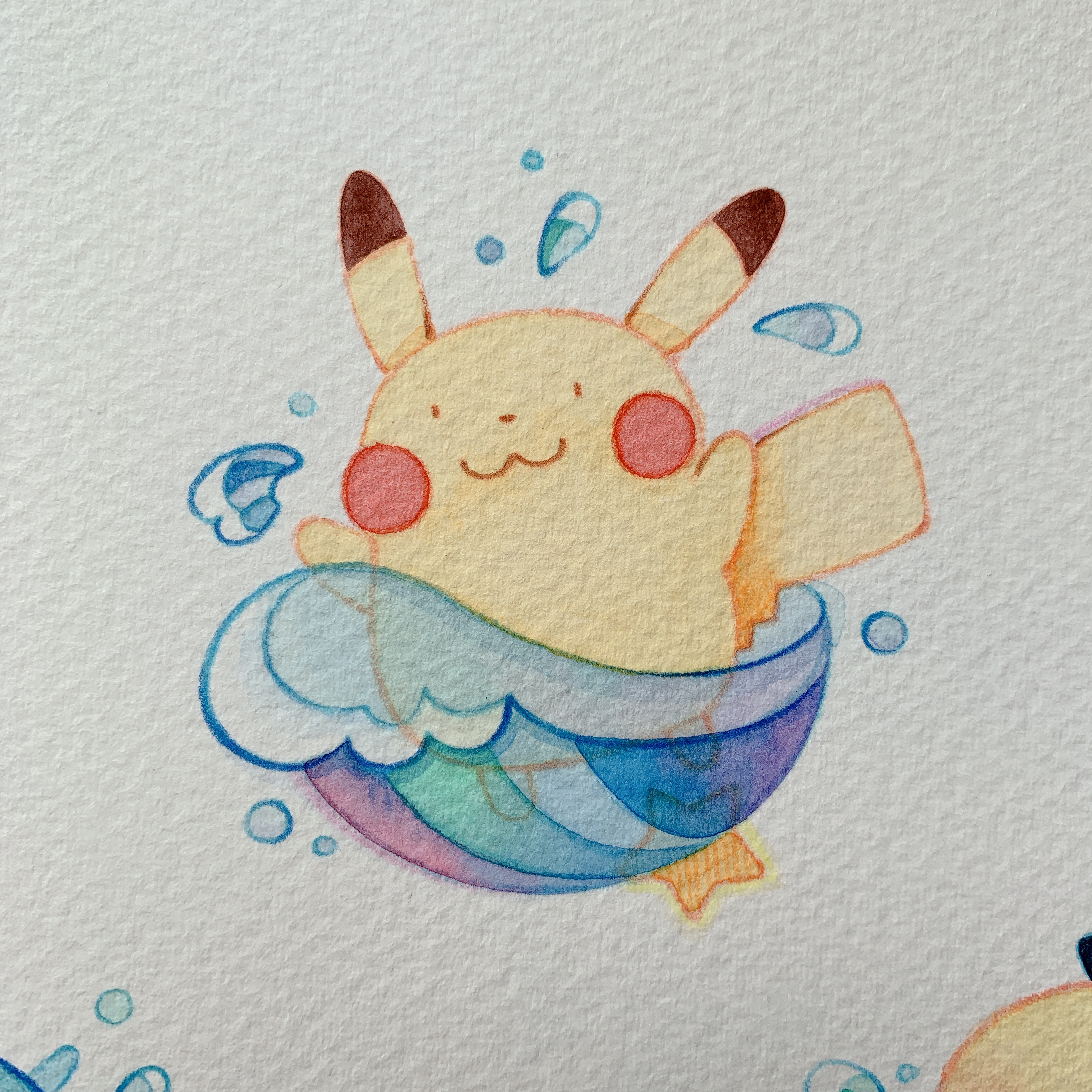 kox hsl, pikachu, nintendo, pokemon, absurdres, commentary, highres, painting (medium), photo (medium), traditional media, watercolor (medium), :3, animal focus, arms up, full body, gen 1 pokemon, no humans, paper texture, pokemon (creature), solo, water drop, waves, white background
