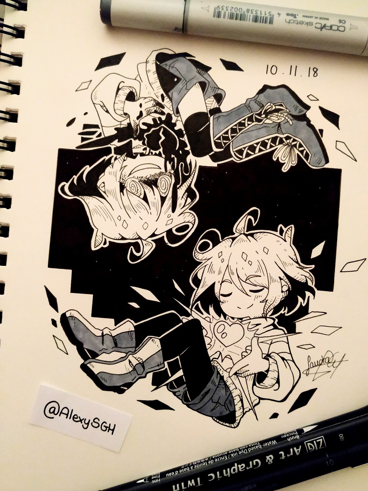 sandragh, chara (undertale), frisk (undertale), soul (deltarune), undertale, utdr (toby fox), commentary, english commentary, highres, marker (medium), traditional media, 2018, 2others, :d, @ @, ahoge, ankle boots, art tools in frame, boots, broken heart, closed eyes, closed mouth, cowlick, dated, double-parted bangs, full body, greyscale, grin, hair between eyes, heart, high contrast, inktober, knee boots, lace-up boots, long sleeves, monochrome, multiple others, open mouth, other focus, outline, pantyhose, puffy long sleeves, puffy sleeves, shaded face, short hair, short shorts, shorts, smile, striped clothes, striped sweater, sweater, thighhighs, tumblr username, turtleneck, turtleneck sweater, u u