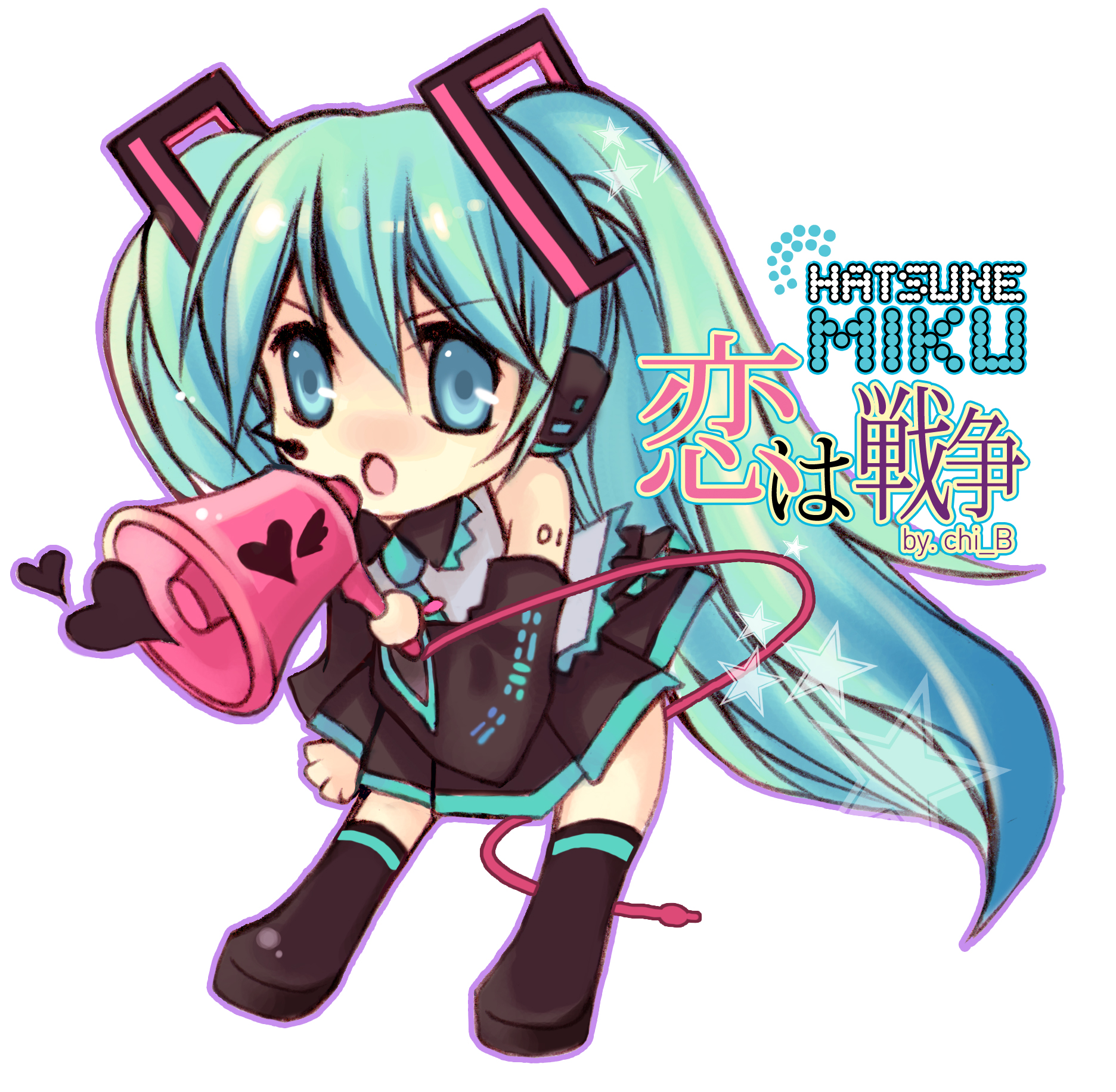 yan (chinoame), yan (pixiv574685), hatsune miku, koi wa sensou (vocaloid), vocaloid, bad id, bad pixiv id, highres, 1girl, aqua eyes, aqua hair, chibi, detached sleeves, female focus, headset, long hair, megaphone, skirt, solo, thighhighs, twintails, very long hair