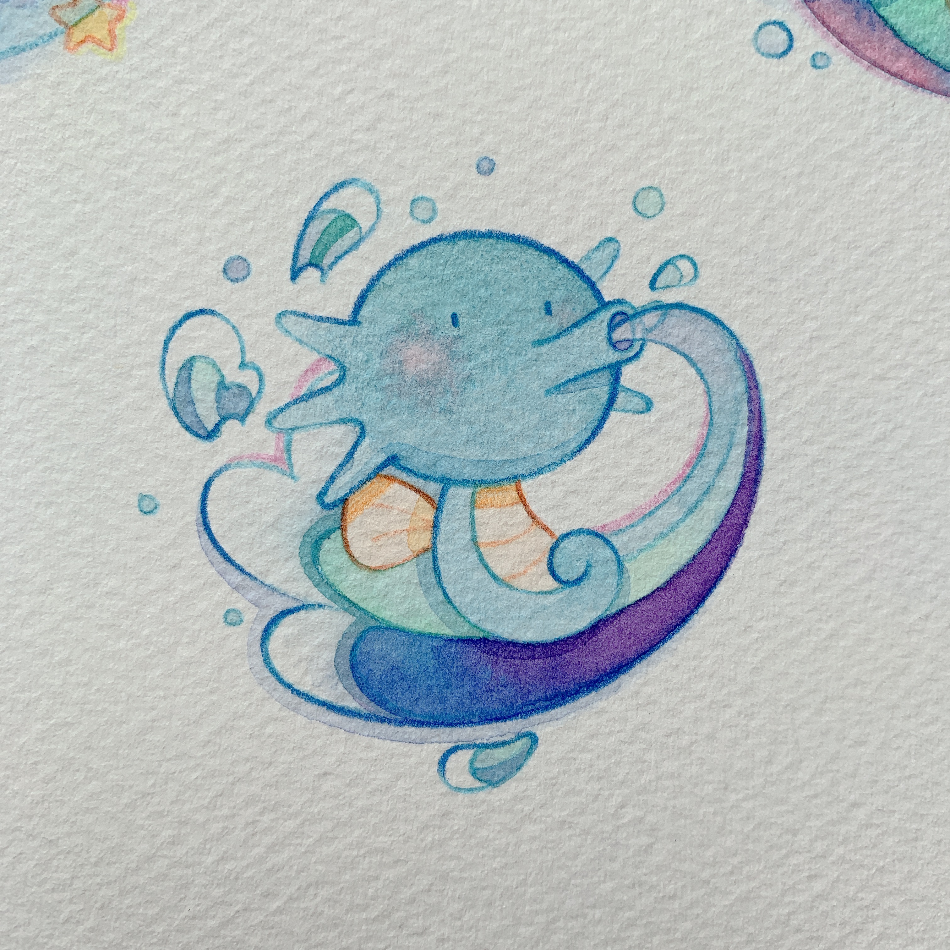 kox hsl, horsea, nintendo, pokemon, absurdres, commentary, highres, painting (medium), photo (medium), traditional media, watercolor (medium), animal focus, breath weapon, full body, gen 1 pokemon, no humans, paper texture, pokemon (creature), solo, water drop, water gun, white background