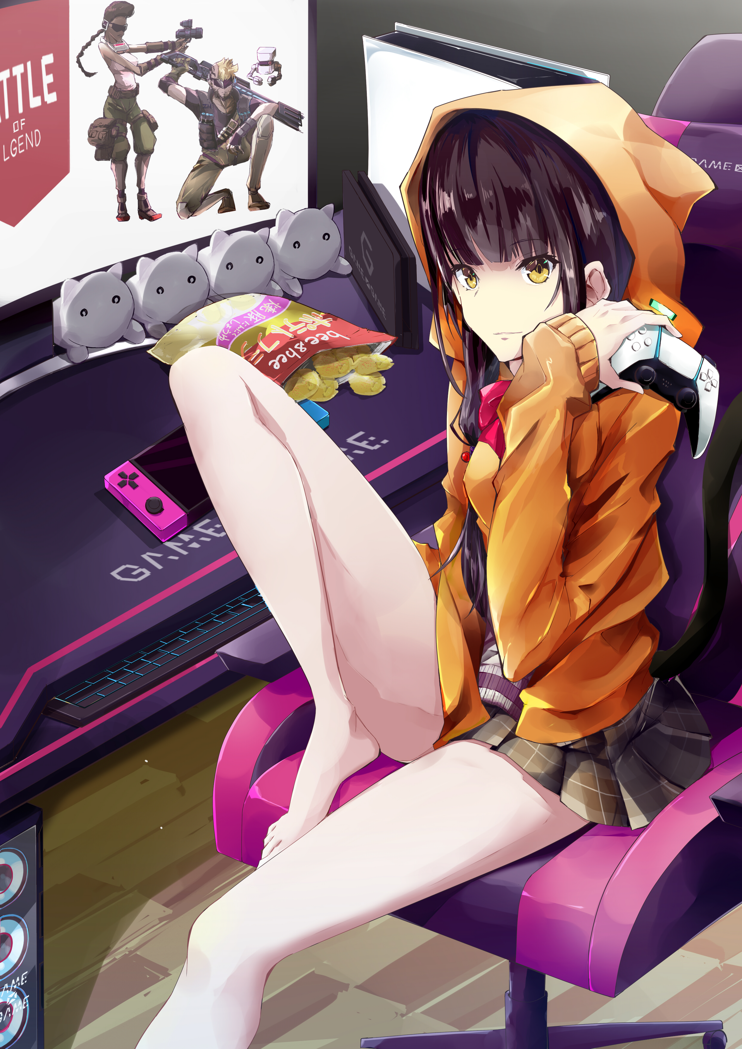 akitsugu akiyama, asakura karen (heaven burns red), heaven burns red, absurdres, highres, 1girl, animal hood, bag of chips, bare legs, barefoot, black hair, blunt bangs, bow, bowtie, chair, chips (food), closed mouth, computer keyboard, controller, food, game console, game controller, gamepad, gaming chair, grey skirt, gun, holding, holding controller, holding game controller, hood, hooded jacket, hoodie, jacket, joystick, knee up, long hair, long sleeves, looking at viewer, miniskirt, monitor, nintendo switch, office chair, open clothes, open hoodie, orange hoodie, plaid clothes, plaid skirt, playstation controller, pleated skirt, potato chips, shirt, sitting, skirt, smile, solo, swivel chair, tail, thighs, video game, weapon, yellow eyes