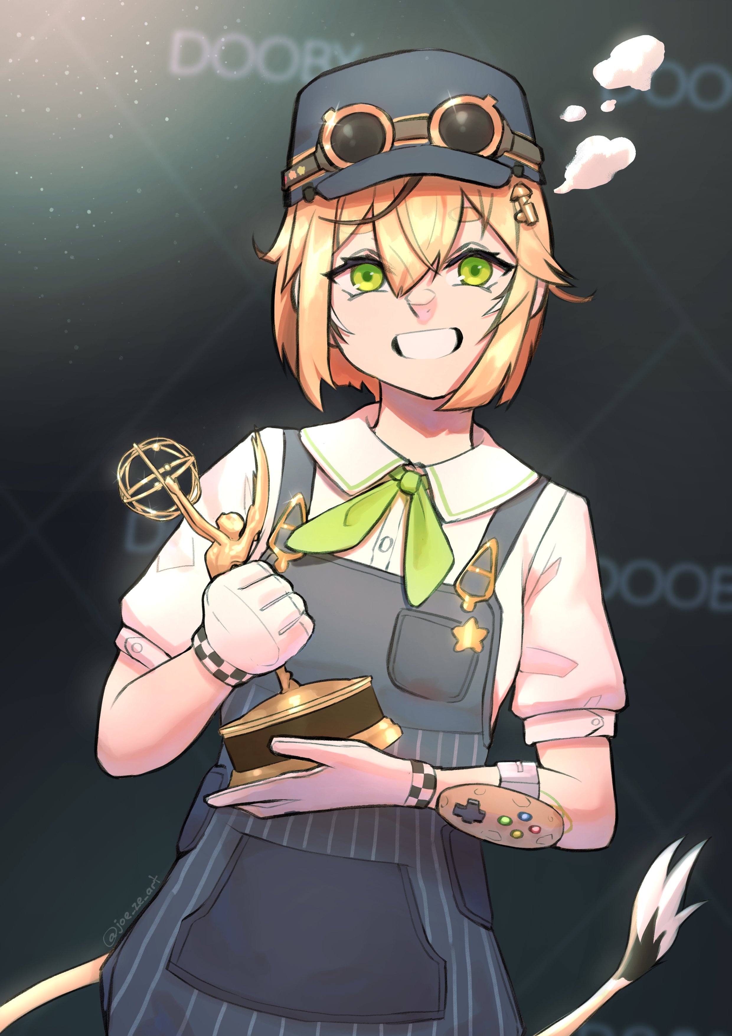 joe westbrook, dooby, indie virtual youtuber, absurdres, commentary, english commentary, highres, 1girl, black hat, black overalls, blonde hair, emmy (award), gloves, goggles, goggles on headwear, green eyes, grin, hair ornament, hat, holding, holding trophy, overalls, shirt, smile, solo, steam, striped clothes, striped overalls, tail, trophy, upper body, virtual youtuber, white gloves, white shirt