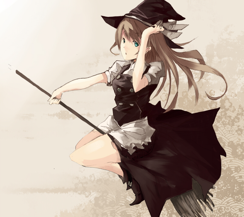 makai no juumin, kirisame marisa, touhou, bad id, bad pixiv id, 1girl, :o, blonde hair, blue eyes, broom, broom riding, dress, female focus, flying, gradient background, hand on headwear, hat, long hair, ribbon, solo, witch, witch hat