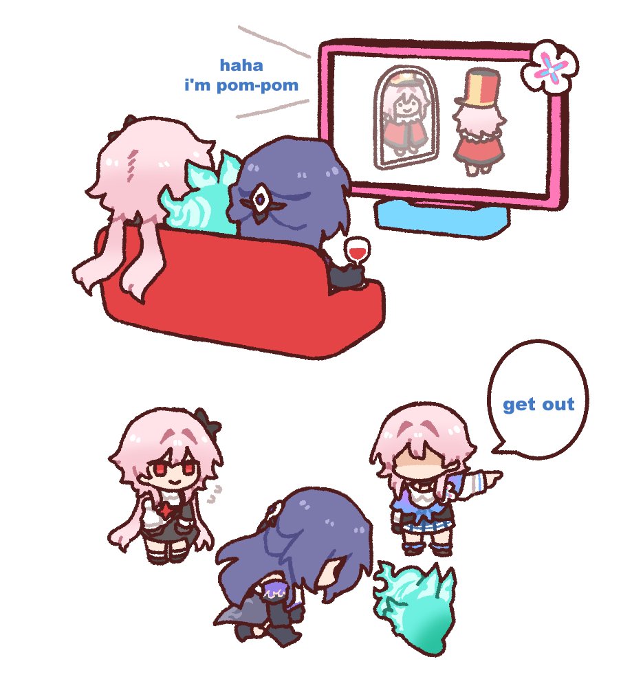 dorkdragoon, acheron (honkai: star rail), evernight (honkai: star rail), march 7th (honkai: star rail), march 7th (preservation) (honkai: star rail), tail (honkai: star rail), honkai: star rail, honkai (series), 3girls, angry, black dress, cup, dress, english text, flat screen tv, flying sweatdrops, holding, holding cup, long hair, multiple girls, partially shaded face, pink hair, pointing, pointing to the side, purple hair, red eyes, simple background, television, white background
