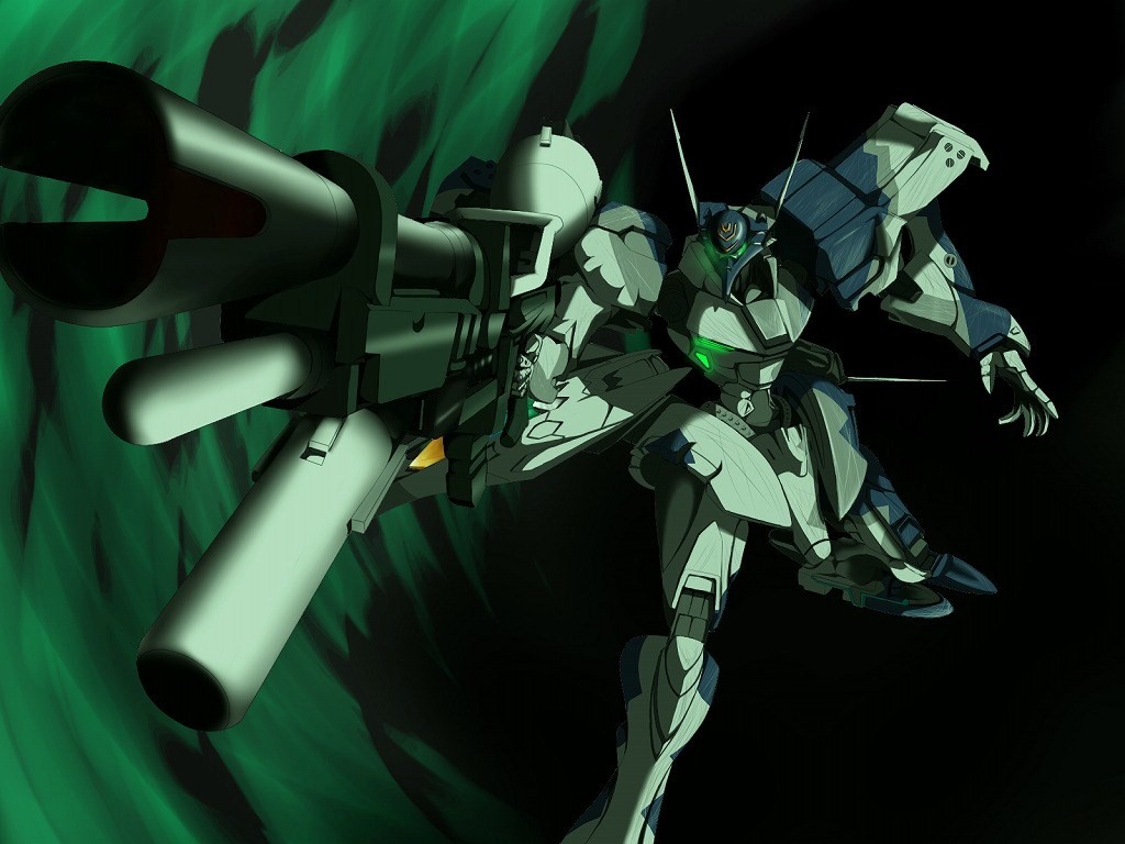 sora (y564219), muv-luv, muv-luv alternative, muv-luv total eclipse, green theme, gun, mecha, mecha focus, no humans, robot, simple background, solo, tactical surface fighter, type-94 shiranui, type 94 shiranui, weapon