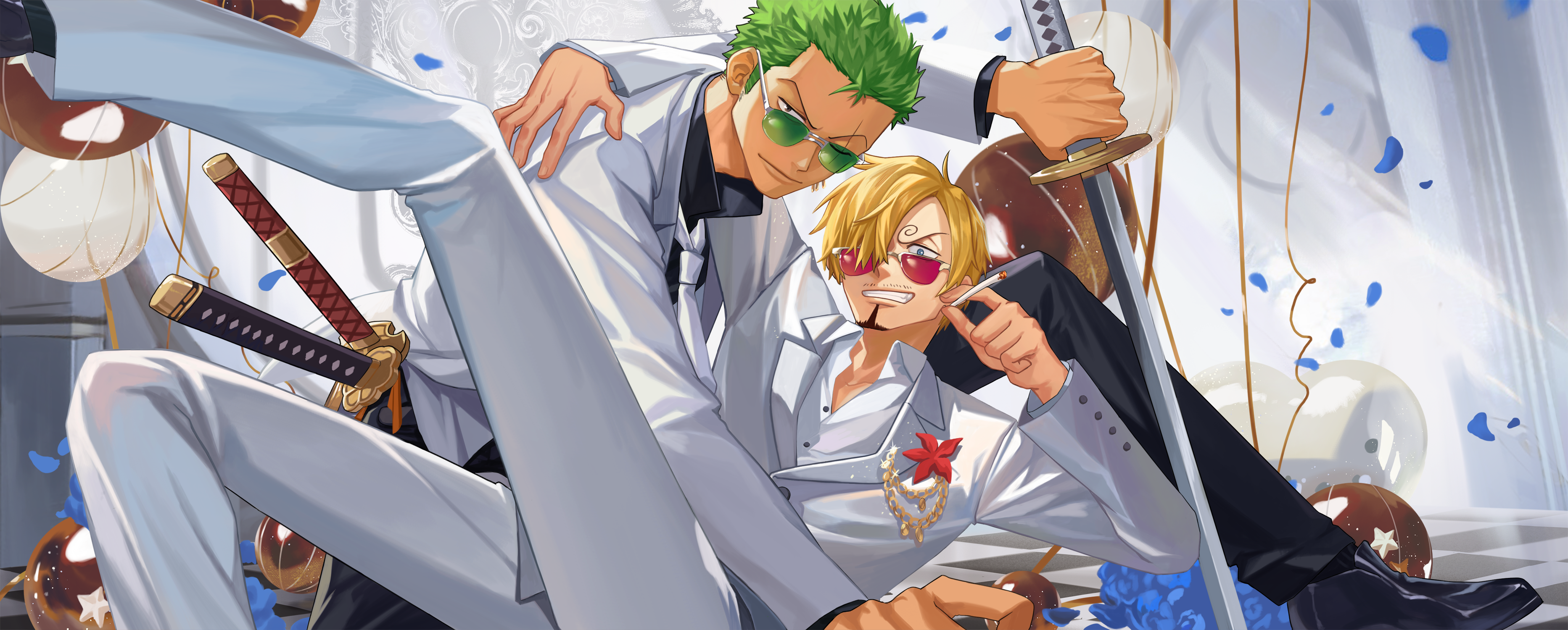 jennyandloiryan, roronoa zoro, sanji (one piece), one piece, absurdres, highres, 2boys, arm around shoulder, balloon, black pants, black shoes, blonde hair, checkered floor, cigarette, curly eyebrows, facial hair, formal clothes, green-tinted eyewear, green hair, grin, holding, holding cigarette, long legs, long sleeves, looking at viewer, looking over eyewear, male focus, multiple boys, mustache stubble, necktie, pants, pink-tinted eyewear, scar, scar across eye, scar on face, shoes, short hair, smile, stubble, suit, tinted eyewear, white background, white necktie, white pants, white suit, yaoi