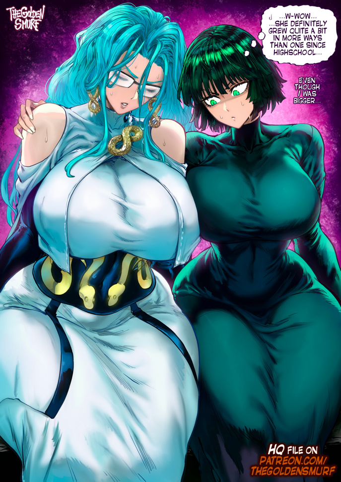 the golden smurf, fubuki (one-punch man), psychos (one-punch man), one-punch man, commentary, english commentary, paid reward available, 2girls, aqua hair, arm up, artist name, bare shoulders, bob cut, breasts, closed eyes, closed mouth, clothing cutout, curvy, dress, earrings, english text, glasses, green dress, green eyes, green hair, hand on another's shoulder, huge breasts, impossible clothes, impossible dress, jewelry, lips, long hair, long skirt, long sleeves, looking at another, looking at breasts, multiple girls, narrow waist, purple background, short hair, shoulder cutout, sitting, skin tight, skirt, snake print, speech bubble, sweat, taut clothes, taut dress, thick thighs, thighs, thought bubble, turtleneck, turtleneck dress, vignetting, white nails, wide hips