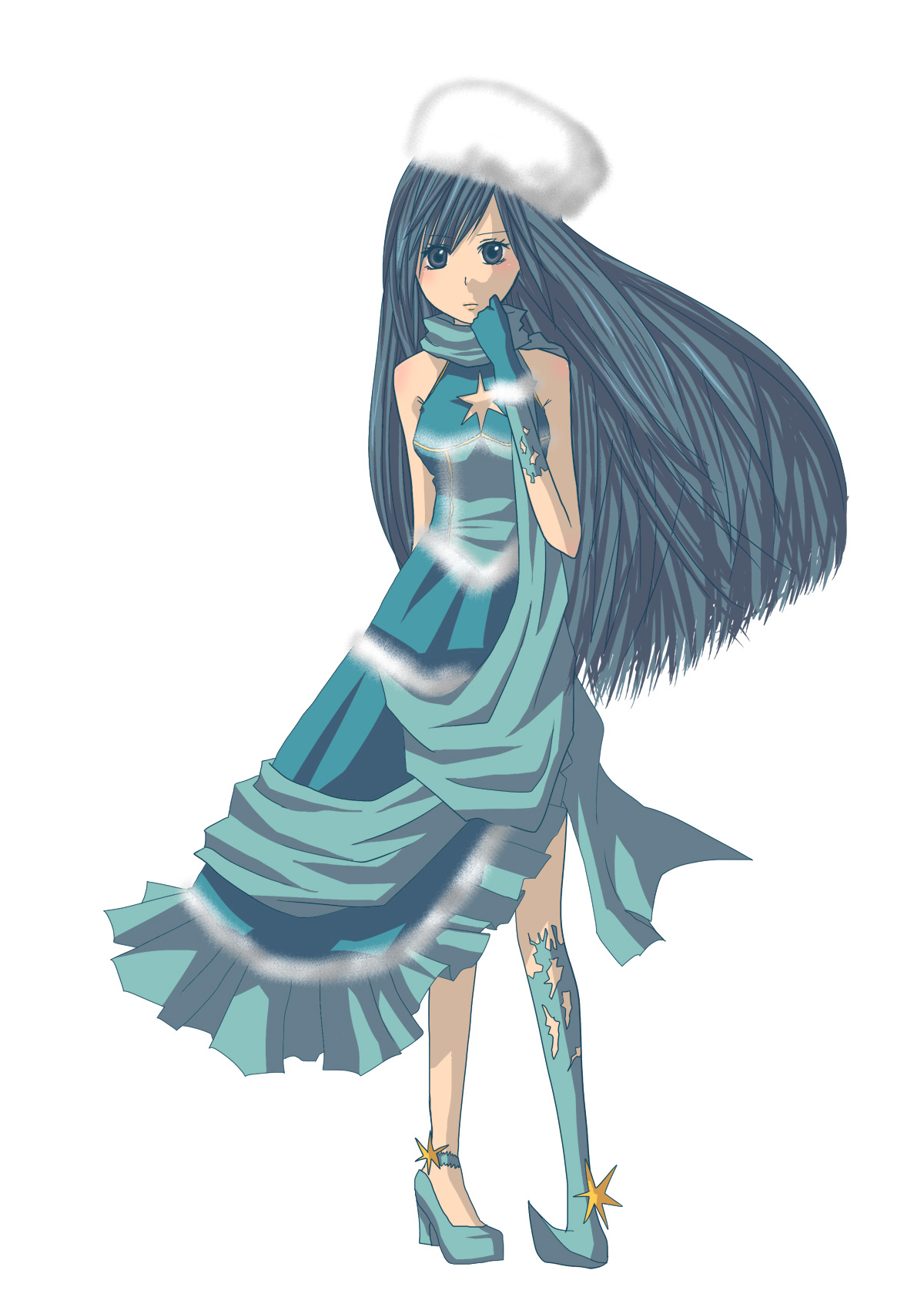 morino hinako (artist), original, blue footwear, fur, bad id, bad pixiv id, highres, 1girl, asymmetrical clothes, black hair, blush, body blush, boots, cleavage cutout, clothing cutout, female focus, frills, full body, fur hat, gathers, gloves, green hair, grey eyes, hat, high heels, pointy boots, scarf, shoes, simple background, single glove, solo, standing, star (symbol), wind