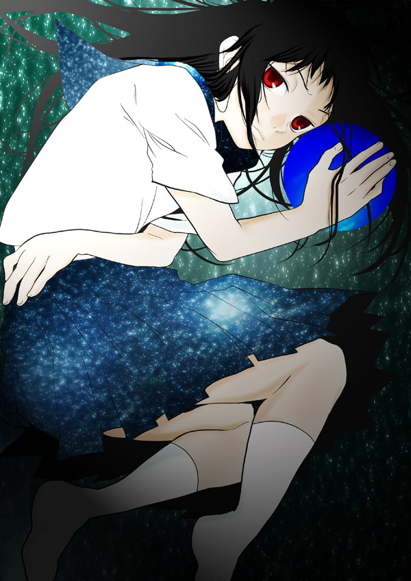 roku hana, original, 1girl, black hair, female focus, long hair, red eyes, school uniform, skirt, socks, solo