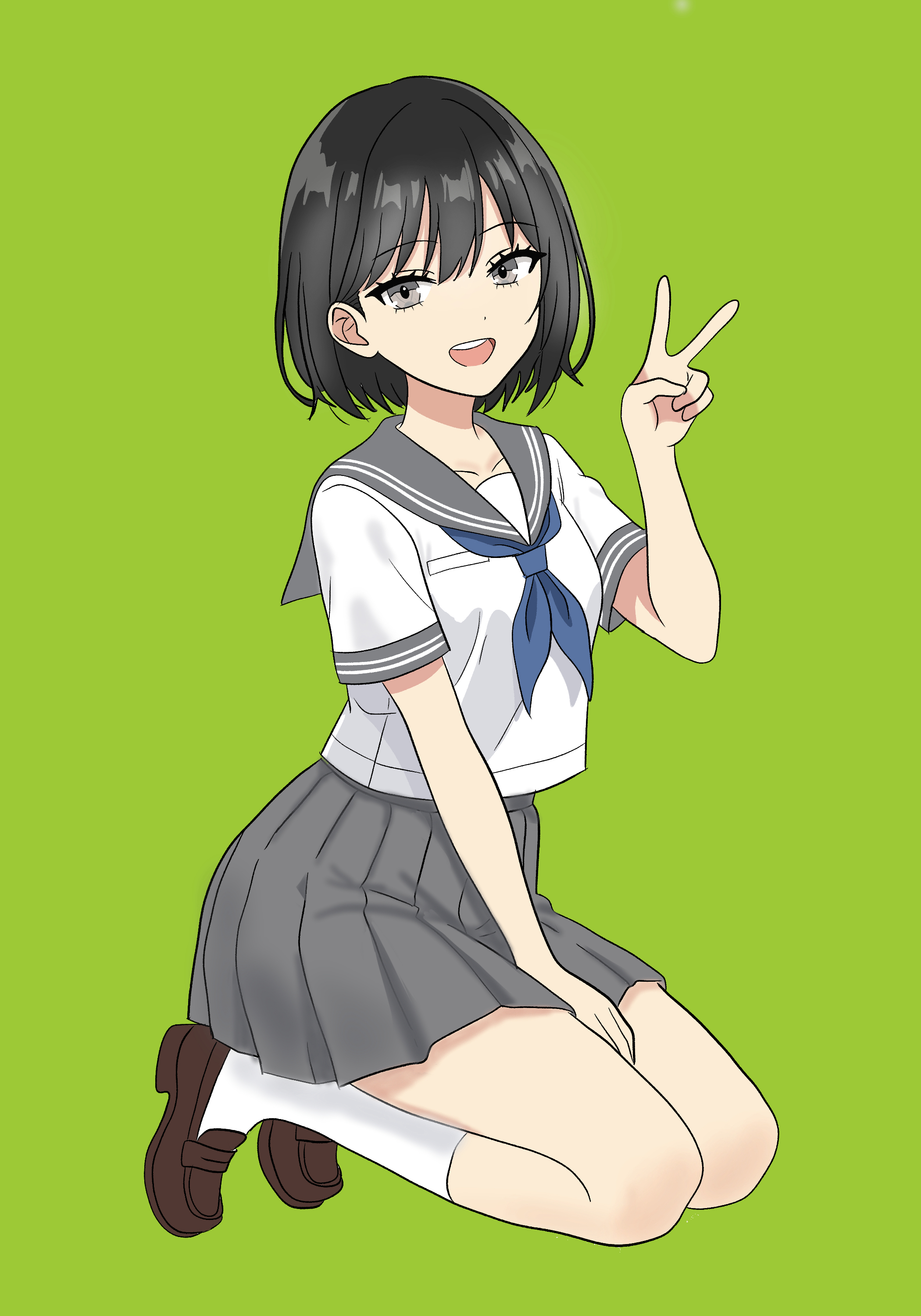 original, absurdres, highres, 1girl, black eyes, black hair, black sailor collar, black skirt, blue ribbon, bob cut, green background, hand on own thigh, kneeling, loafers, looking at viewer, open mouth, rakuo cafeaulait, ribbon, sailor collar, school uniform, serafuku, shirt, shoes, short hair, simple background, skirt, smile, socks, solo, teeth, thighs, upper teeth only, v, white shirt, white socks