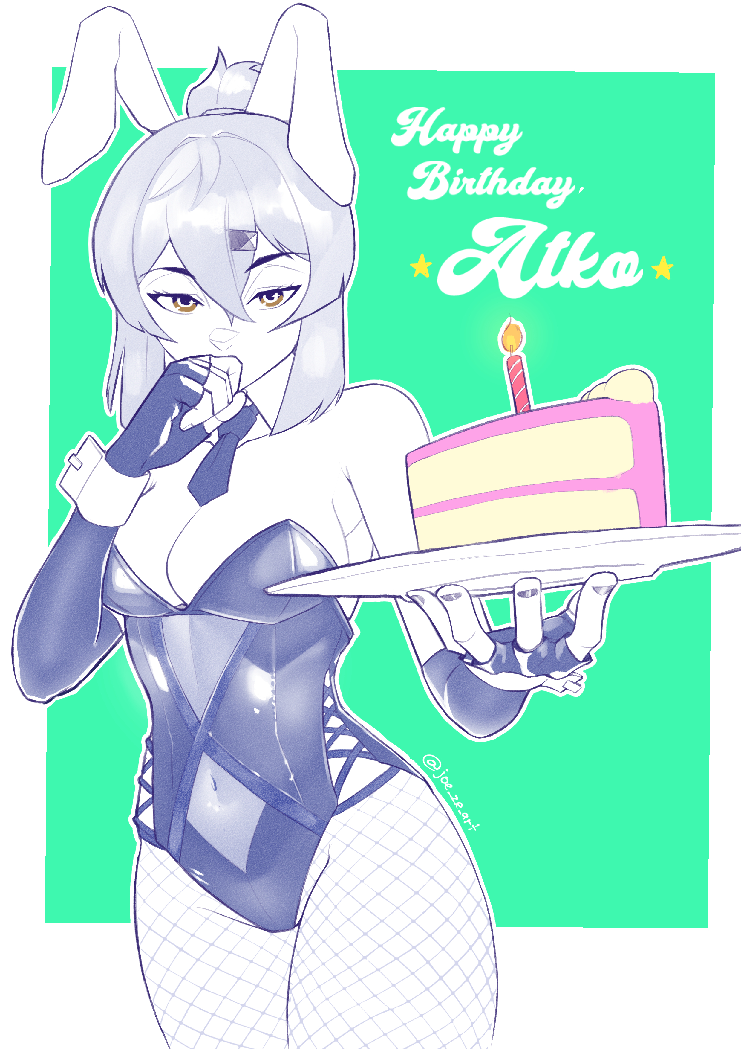 joe westbrook, saki (the atko), original, absurdres, commentary, english commentary, highres, 1girl, animal ears, borrowed character, breasts, cake, candle, cleavage, covered navel, covering own mouth, detached collar, elbow gloves, fingerless gloves, fishnet pantyhose, fishnets, food, gloves, greyscale, happy birthday, holding, holding plate, leotard, medium breasts, monochrome, necktie, pantyhose, plate, playboy bunny, ponytail, rabbit ears, short necktie, solo, spot color, strapless, strapless leotard, twitter username, wrist cuffs