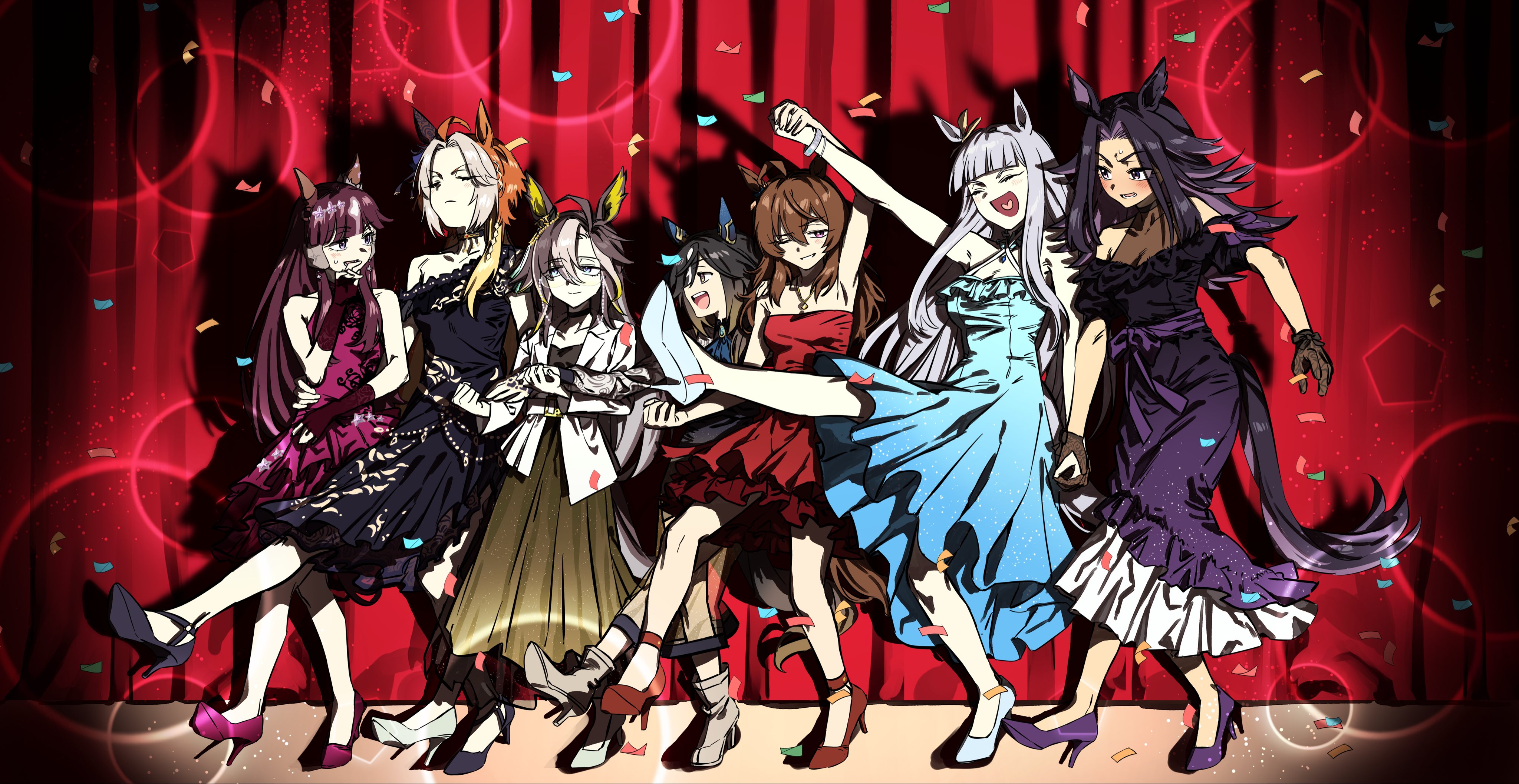 dream journey (umamusume), fenomeno (umamusume), gold ship (umamusume), lucky lilac (umamusume), nakayama festa (umamusume), orfevre (umamusume), stay gold (umamusume), kekkai sensen, umamusume, absurdres, commentary, hashtag-only commentary, highres, symbol-only commentary, 6+girls, black shoes, blonde hair, blue dress, blunt bangs, breasts, brown dress, brown hair, cleavage, confetti, curtains, dress, expressionless, frilled dress, frills, full body, grey shoes, hair flaps, high heels, holding hands, horse girl, horse tail, jacket, leg up, long hair, long sidelocks, looking at another, multicolored hair, multiple girls, off-shoulder dress, off shoulder, one eye closed, open mouth, orange hair, parted bangs, pink shoes, ponytail, purple dress, purple hair, purple shoes, red dress, red shoes, shoes, short hair, sidelocks, sleeveless, sleeveless dress, smile, stage lights, standing, stay gold clan (umamusume), sugar song and bitter step, sweatdrop, tail, umagamja, white hair, white jacket