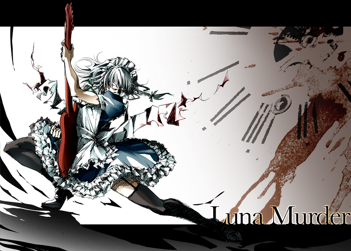 mochinue, izayoi sakuya, shuuzou, sekken-ya, touhou, bad id, bad pixiv id, 1boy, cosplay, crossdressing, crossdressing (mtf), guitar, instrument, izayoi sakuya (cosplay), letterboxed, male focus, solo, thighhighs, trap
