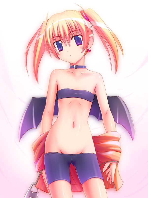 unikurage, lilica felchenerow, aq interactive, arcana heart, atlus, examu, 1girl, bandeau, bare shoulders, bat wings, bike shorts, blonde hair, blue eyes, collar, demon girl, earrings, female focus, flat chest, groin, jewelry, lowleg, pointy ears, solo, spandex, strapless, tube top, twintails, undressing, wings, zipper