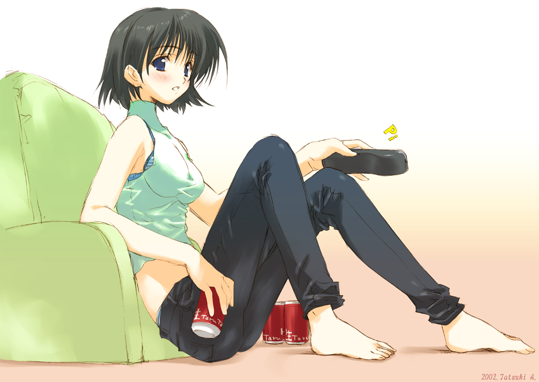 amazuyu tatsuki, 00s, 2002, bare shoulders, barefoot, black hair, blue eyes, blush, bra, can, controller, denim, drink, feet, jeans, lingerie, midriff, panties, pants, remote control, short hair, sitting, sleeveless, sleeveless turtleneck, solo, striped bra, striped clothes, striped panties, turtleneck, underwear