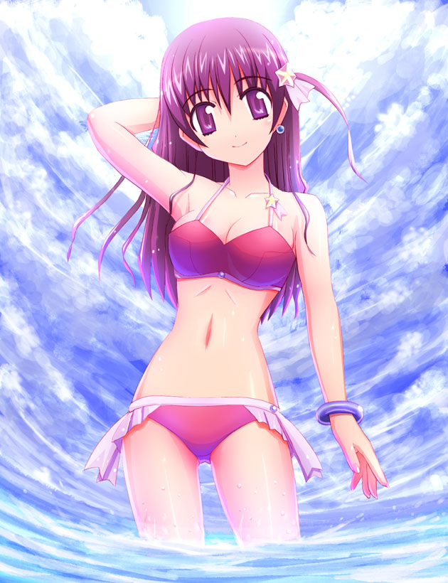 unikurage, asamiya athena, snk, the king of fighters, 1girl, bikini, breasts, day, earrings, female focus, hair ornament, jewelry, large breasts, purple eyes, purple hair, sky, smile, solo, star (symbol), star hair ornament, swimsuit, water
