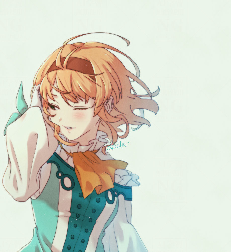 mifuta, natalia luzu kimlasca lanvaldear, tales of (series), tales of the abyss, 1girl, ascot, blonde hair, blue bow, blue dress, blush, bow, breasts, brown hairband, buttons, collar, dress, floating hair, frilled collar, frills, hairband, hand in own hair, long sleeves, looking to the side, medium breasts, one eye closed, parted lips, shirt, short hair, signature, simple background, solo, upper body, white hair, white shirt, wrist bow, yellow ascot