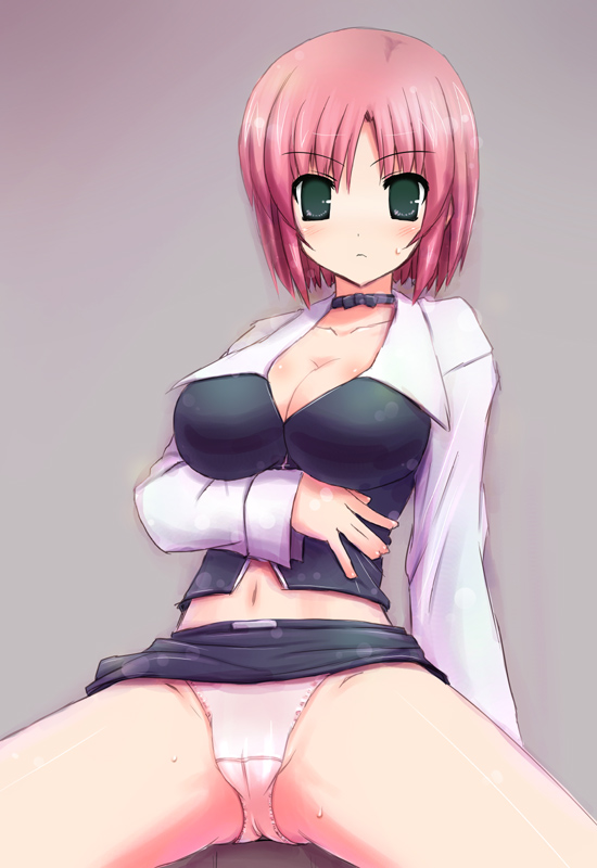 unikurage, rio rollins, super blackjack, 1girl, blush, breasts, cleavage, croupier, female focus, green eyes, large breasts, navel, panties, red hair, short hair, solo, sweat, underwear
