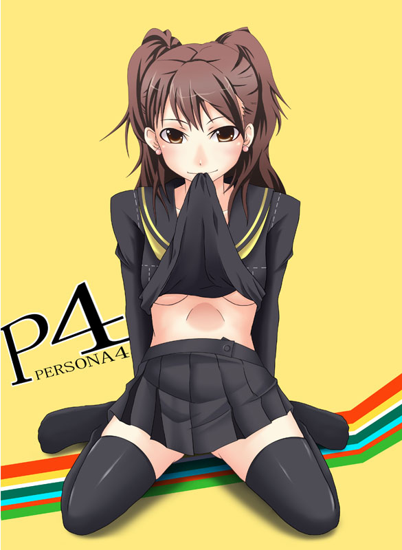 kujikawa rise, atlus, persona, persona 4, earrings, jewelry, school uniform, solo, thighhighs